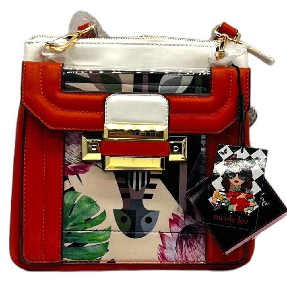 Nicole Lee USA Orange Floral Print Handbag Crossbody Bag Gold Hardware